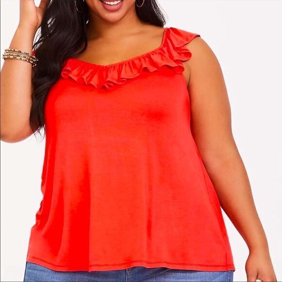 TORRID Super Soft Knits Women's Tank Top Plus Size 1 Orangeish-/Red Ruffle Neck - Picture 2 of 13